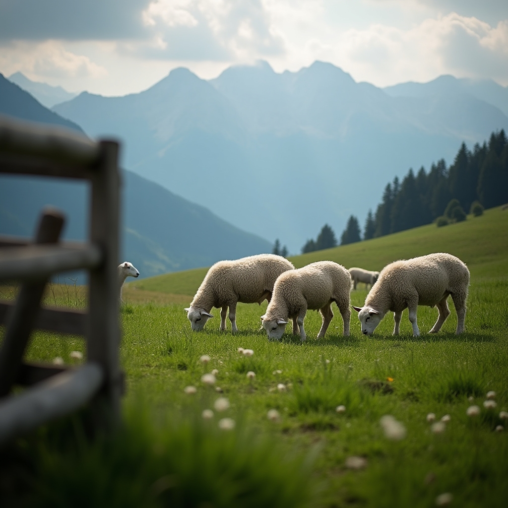 Schafherde auf grüner Alpweide vor Bergpanorama
