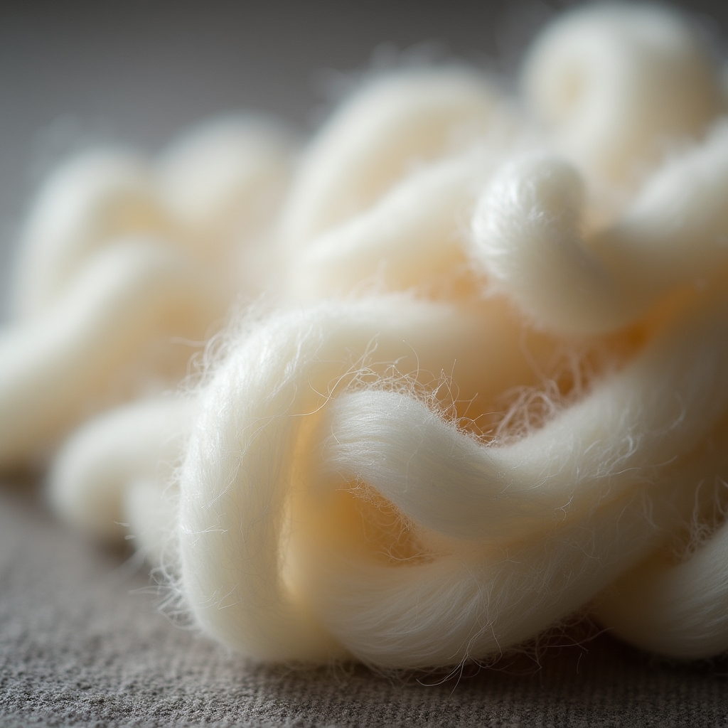 Nahaufnahme von Wollfasern in cremeweißer Farbe